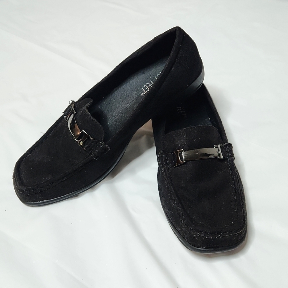 Black, Faux Suede Loafers by Street Feet